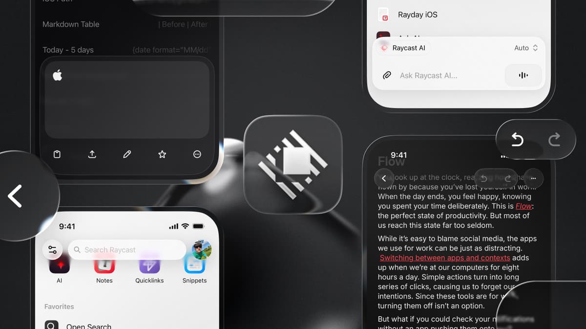 Collage of four iOS app screens displaying elements of liquid glass